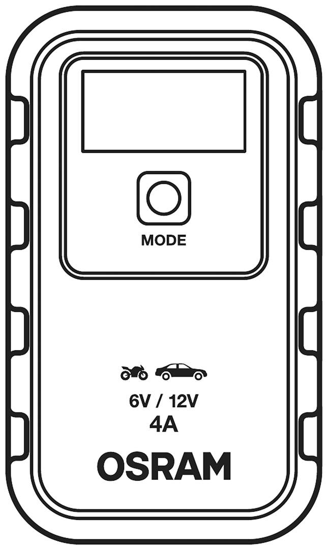 Nabíječka s displejem a tlačítkem módu, vhodná pro 6V/12V a 4A, určená pro automobily a motocykly. Značka: OSRAM.