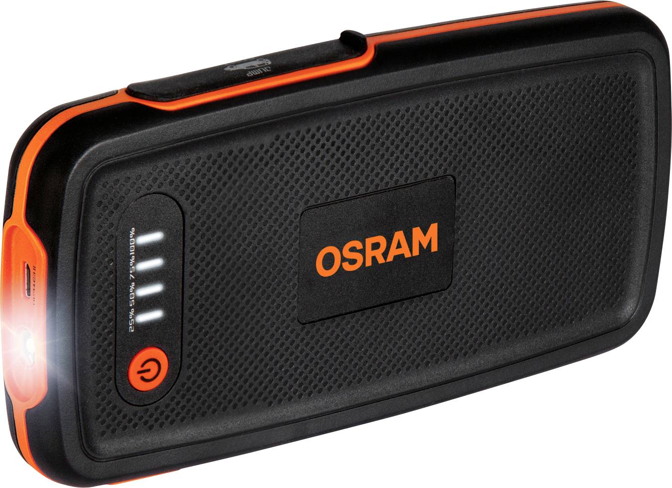 Přenosná powerbanka značky OSRAM s osvětlením LED. Zařízení má robustní černou skříň s oranžovými akcenty.