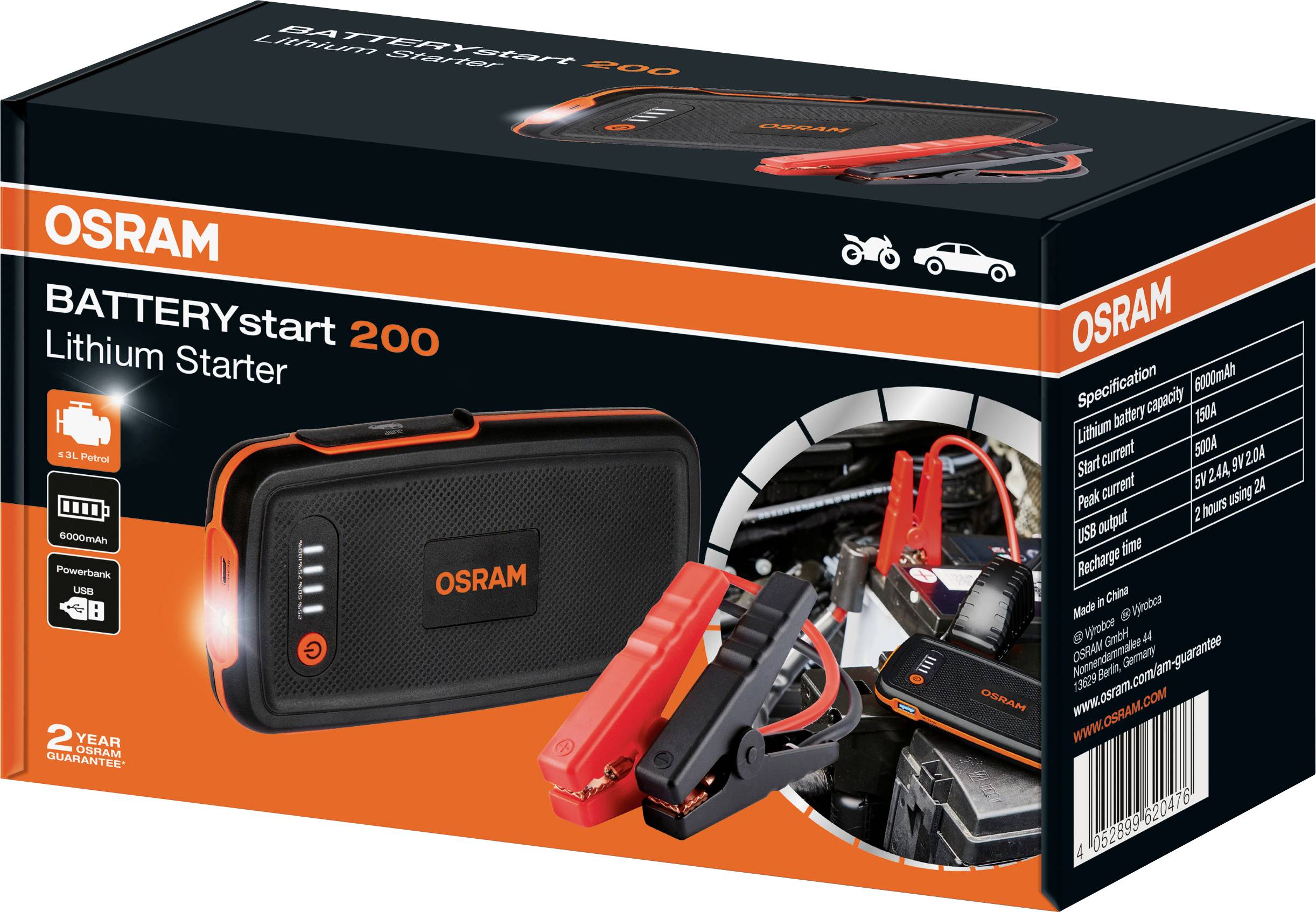 'OSRAM BATTERYSTART 200 Lithium Starter, přenosné zařízení pro startování autobaterie, zobrazené na obalu s technickými detaily.'