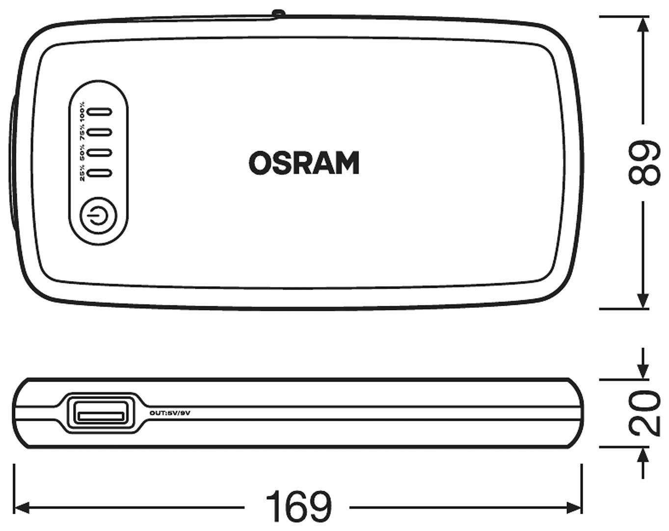 Přenosná nabíječka od OSRAMu pohledem shora. Rozměry: 169 mm délka, 89 mm šířka, 20 mm výška.