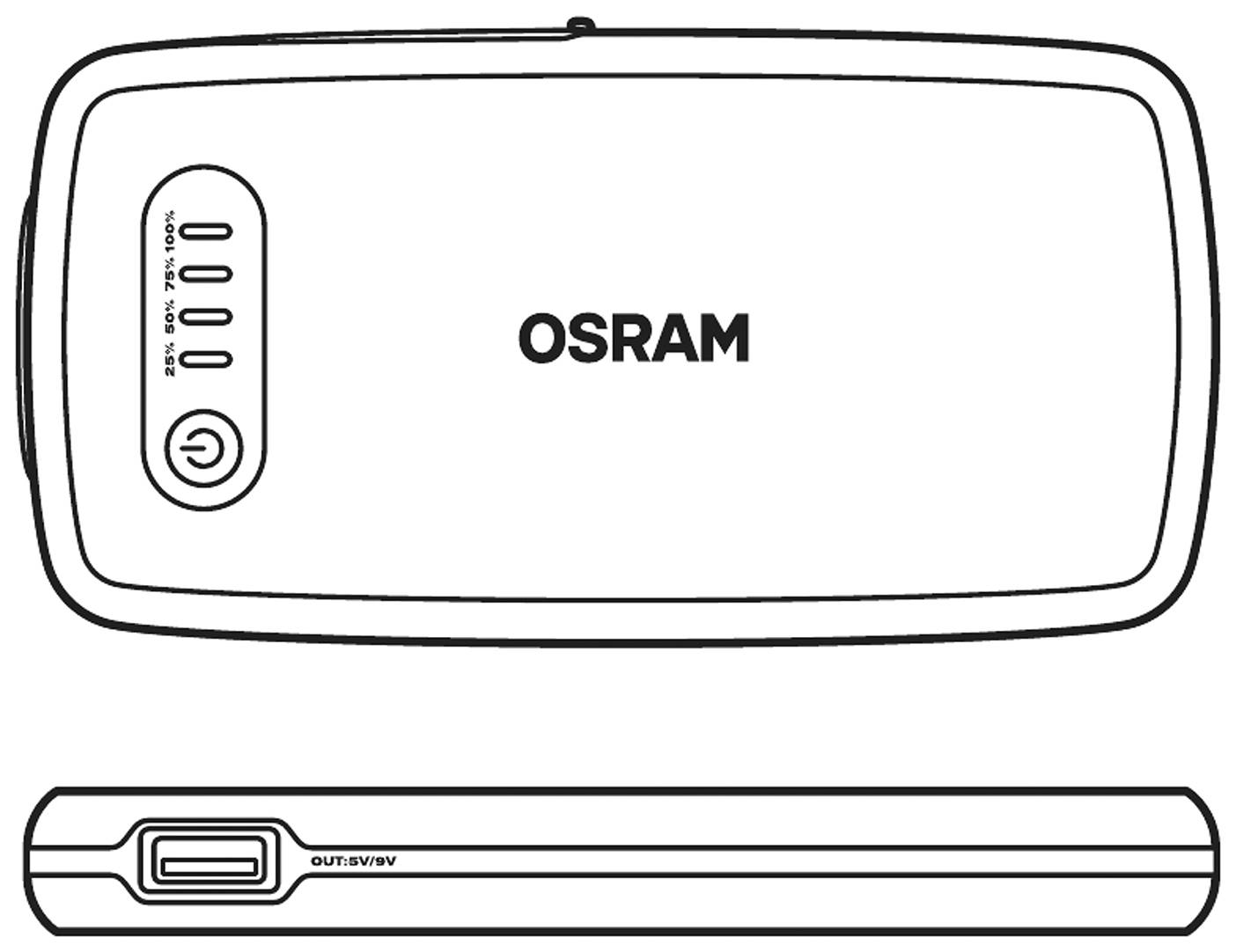 Přenosná OSRAM powerbanka v obdélníkovém tvaru s indikátorem nabíjení a vypínačem. Boční pohled ukazuje USB port.