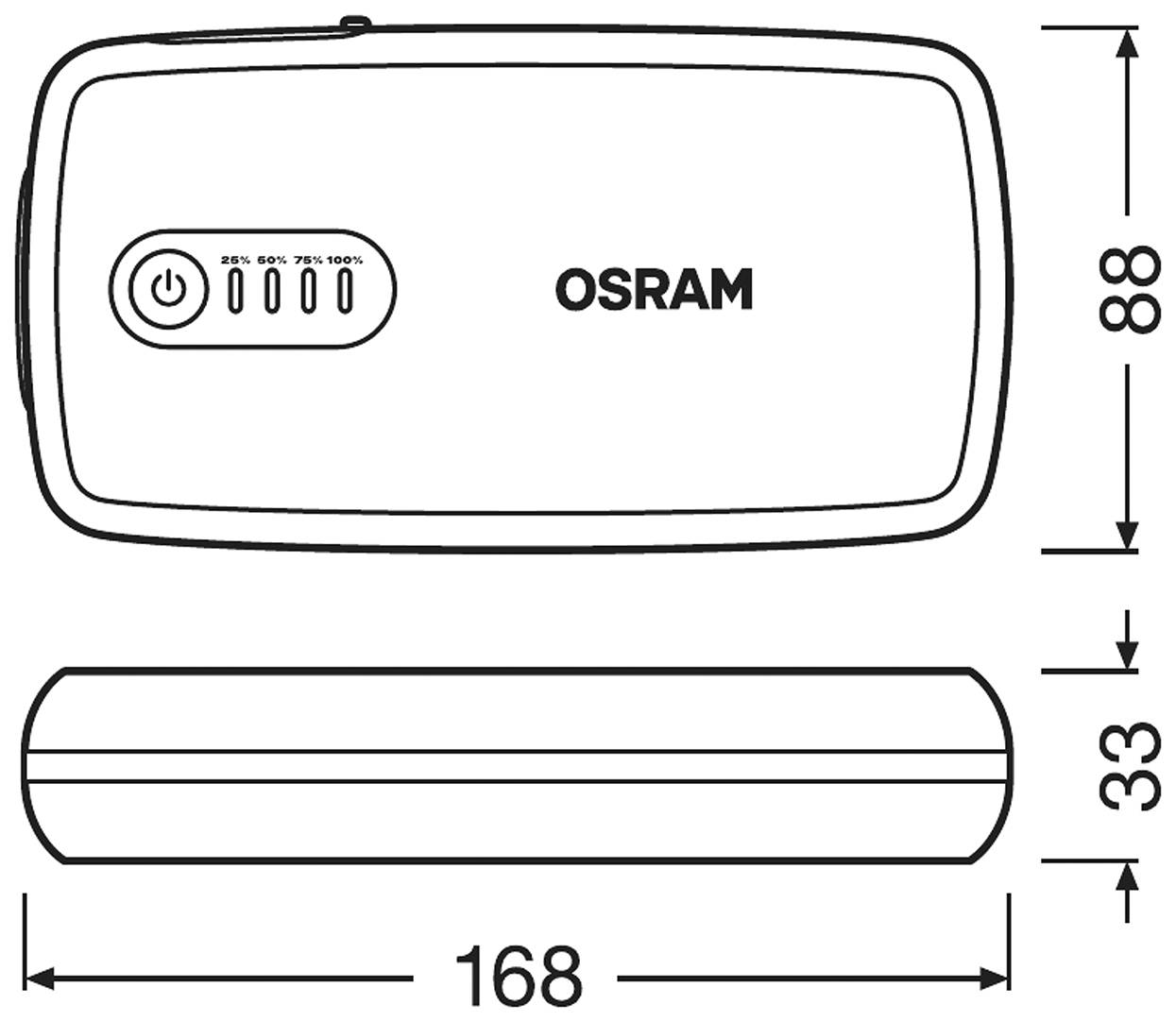 Obrázek ukazuje přenosnou powerbanka OSRAM s indikátorem nabití, vypínačem a rozměry: 168 mm x 88 mm x 33 mm.