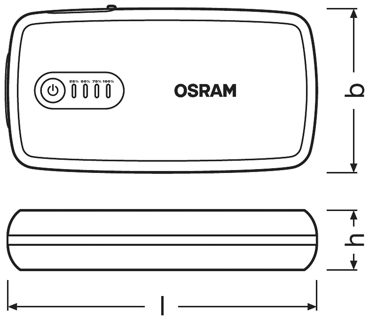 Otvor v OSRAM lampě s indikátorem stavu nabití od 25 % do 100 % a rozměry délka, šířka, výška.