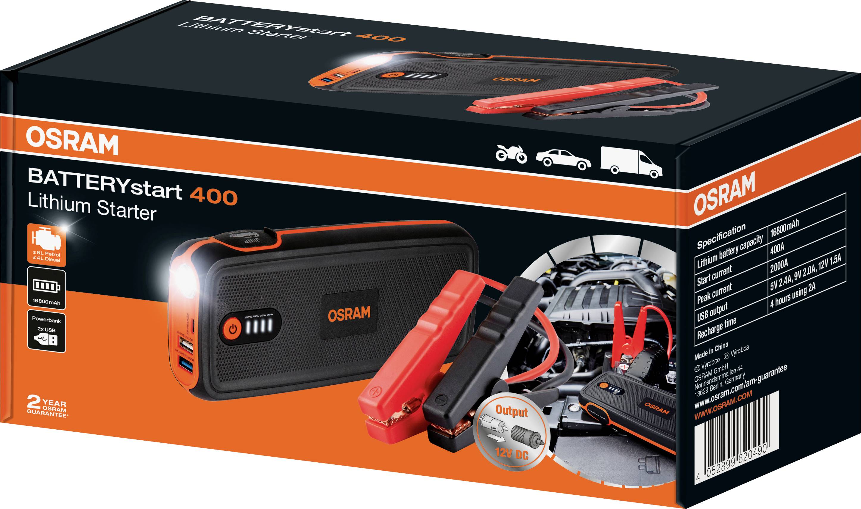 'OSRAM BATTERYstart 400 Lithium Starter' produktový obal, ukazuje přenosné startovací zařízení pro automobily a příslušenství, včetně USB portů.