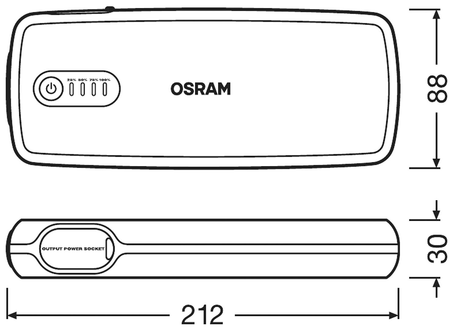 Obrázek ukazuje přenosnou powerbabanku s nápisem 'OSRAM', rozměry 212 x 88 x 30 mm, s přípojnými zdířkami na straně.