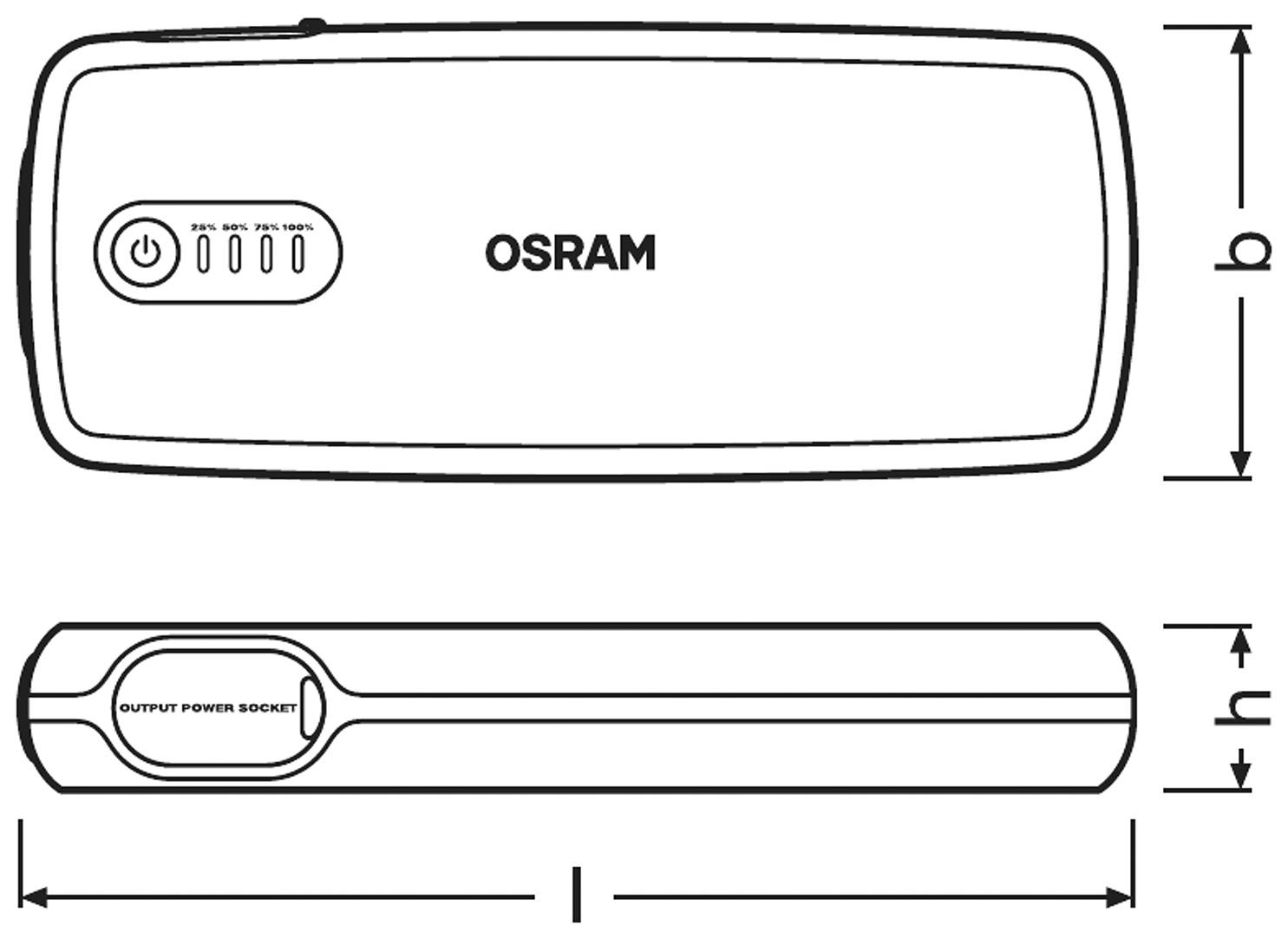 Náčrt powerbankу s nápisem 'OSRAM'. Nahoře: Pohled shora s tlačítkem napájení. Dole: Boční pohled s připojením. Rozměry š, v a d vyznačeny.