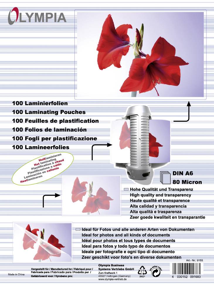 Obal produktu pro laminovací fólie Olympia, formát A6, 80 mikronů. Na obalu jsou vyobrazeny červené květy a laminátor.