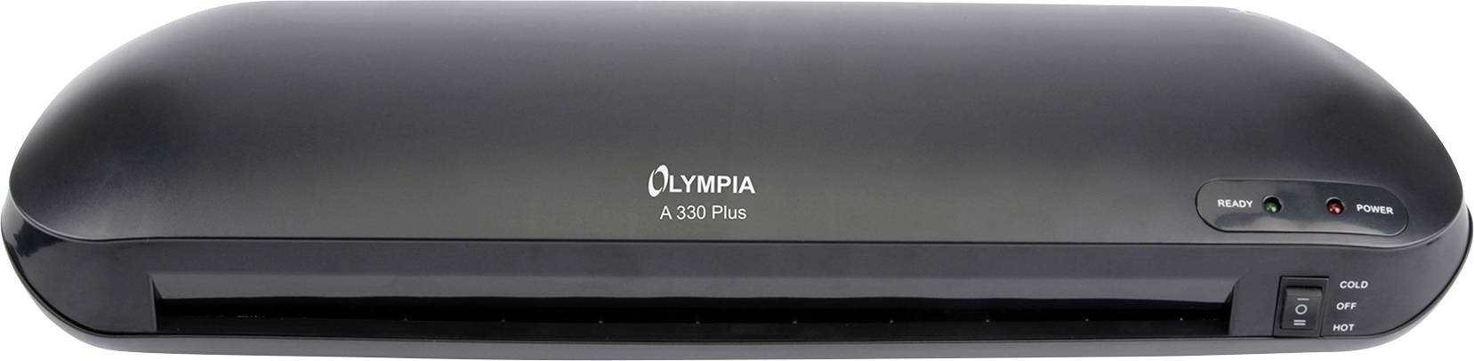 Černý laminátor s nápisem 'OLYMPIA A 330 Plus' na horní straně a spínači pro studené a horké laminování.