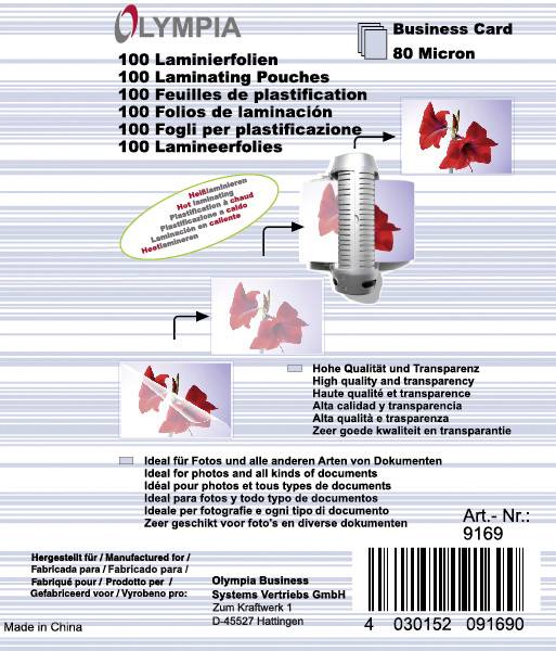 Obal produktu pro laminátor, 80 mikronů, s obrázky laminovaných květin a návodem v několika jazycích.