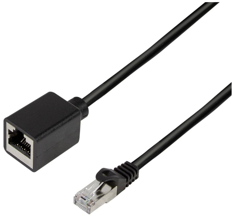 Černý ethernetový prodlužovací kabel s female RJ45 konektorem na jedné straně a male konektorem na straně druhé.