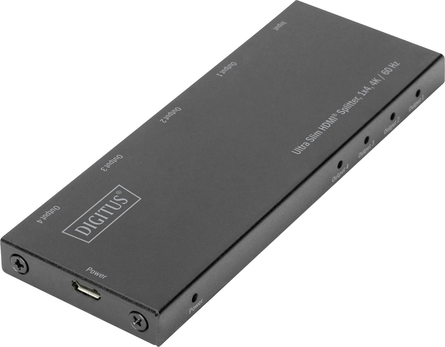 Digitus 4K HDMI-Rozbočovač, 1 vstup, 2 výstupy, kompaktní, černý design.