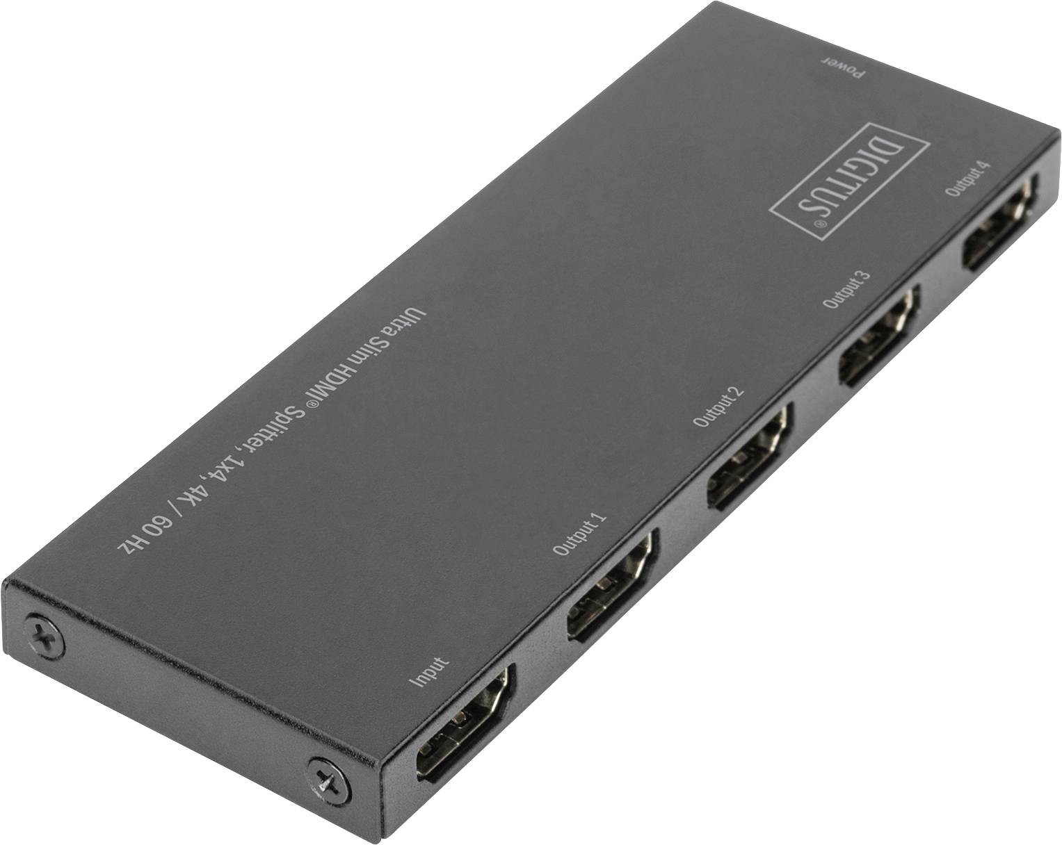 Černý HDMI rozbočovač s pěti HDMI porty, označený štítky 'Input' a 'Output 1-4', slouží k distribuci videa.