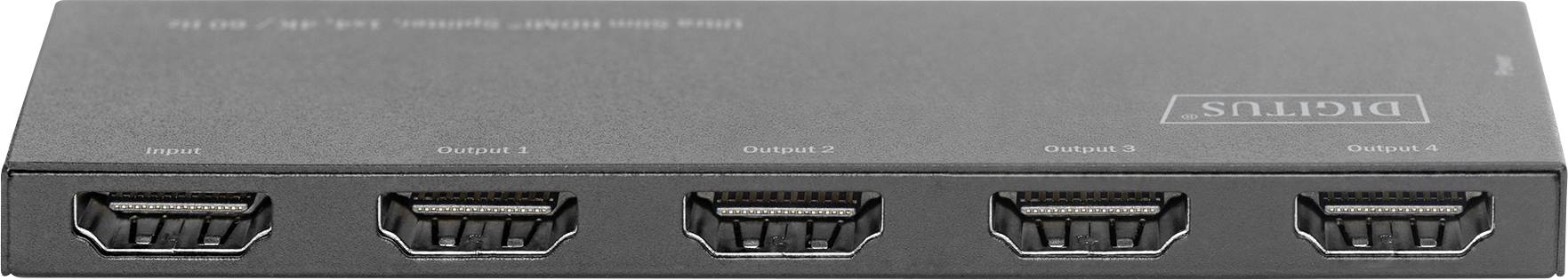 Černý HDMI přepínač s pěti HDMI výstupy, označenými od 'Output A' do 'Output E', umístěný na šedém povrchu.