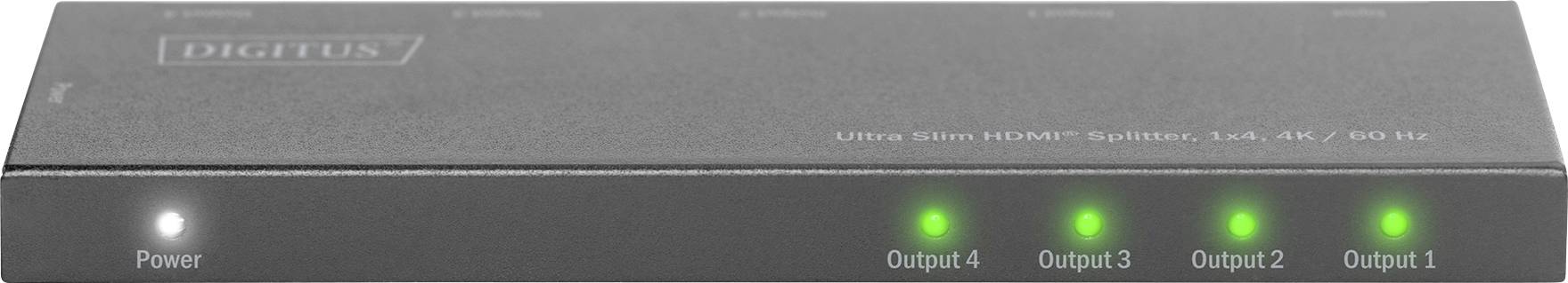 HDMI rozbočovač s pěti svítícími indikátory: 'Napájení' a 'Výstup 1-4'. Zařízení s nápisem 'DIGITUS' a 'Ultra tenký HDMI rozbočovač, 1x4, 4K/60 Hz'.