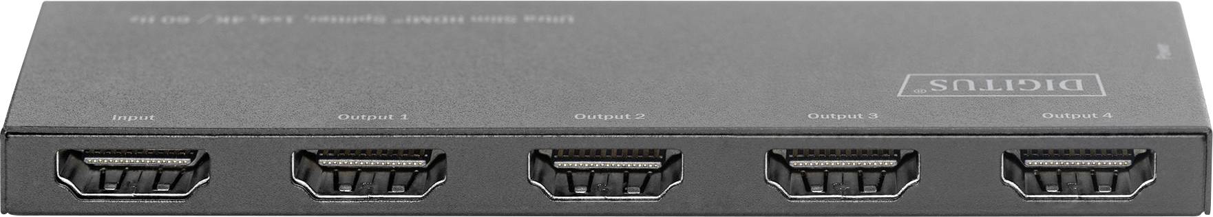 Černý HDMI rozdělovač s pěti porty, každý označený jako 'Input', 'Output 1', 'Output 2', 'Output 3', 'Output 4'.
