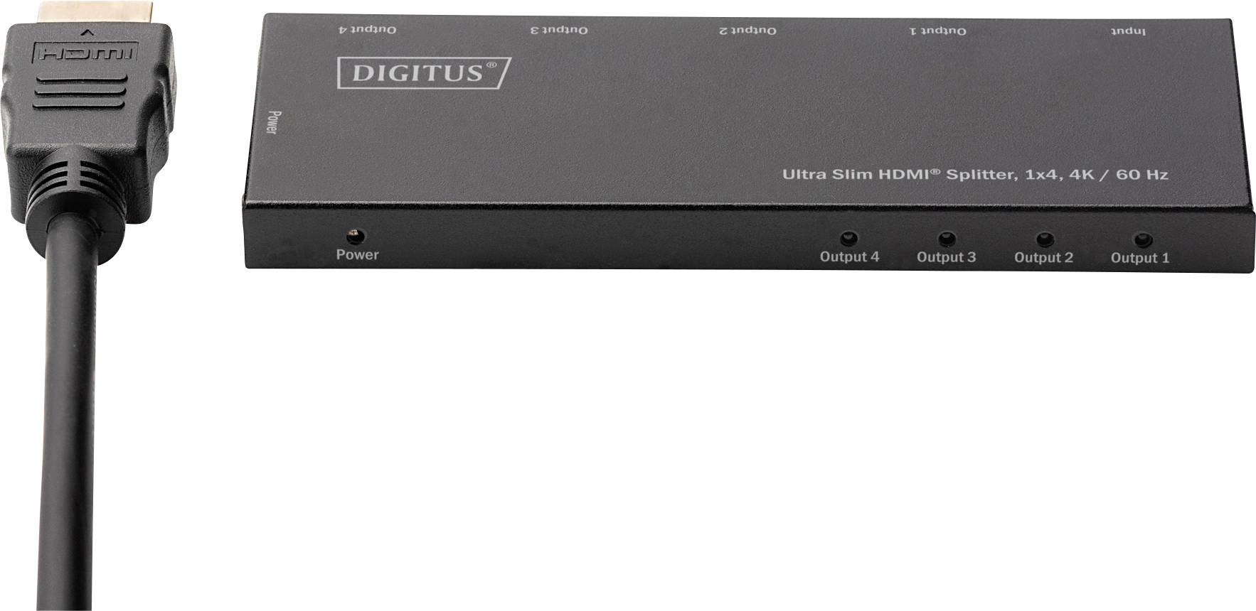 Ultratenký HDMI rozbočovač, 1x4, 4K/60 Hz zobrazuje rozdělovací zařízení se čtyřmi výstupy a jedním vstupním kabelem na levé straně.