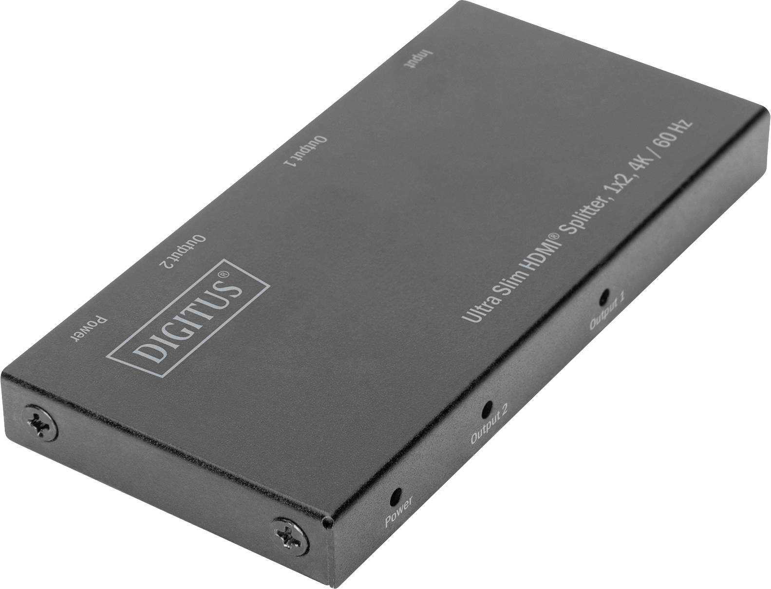 HDMI-rozdělovač, tenký a černý, s několika porty a nápisem 'Ultra Slim HDMI Splitter, 1x2, 4K/60Hz'.