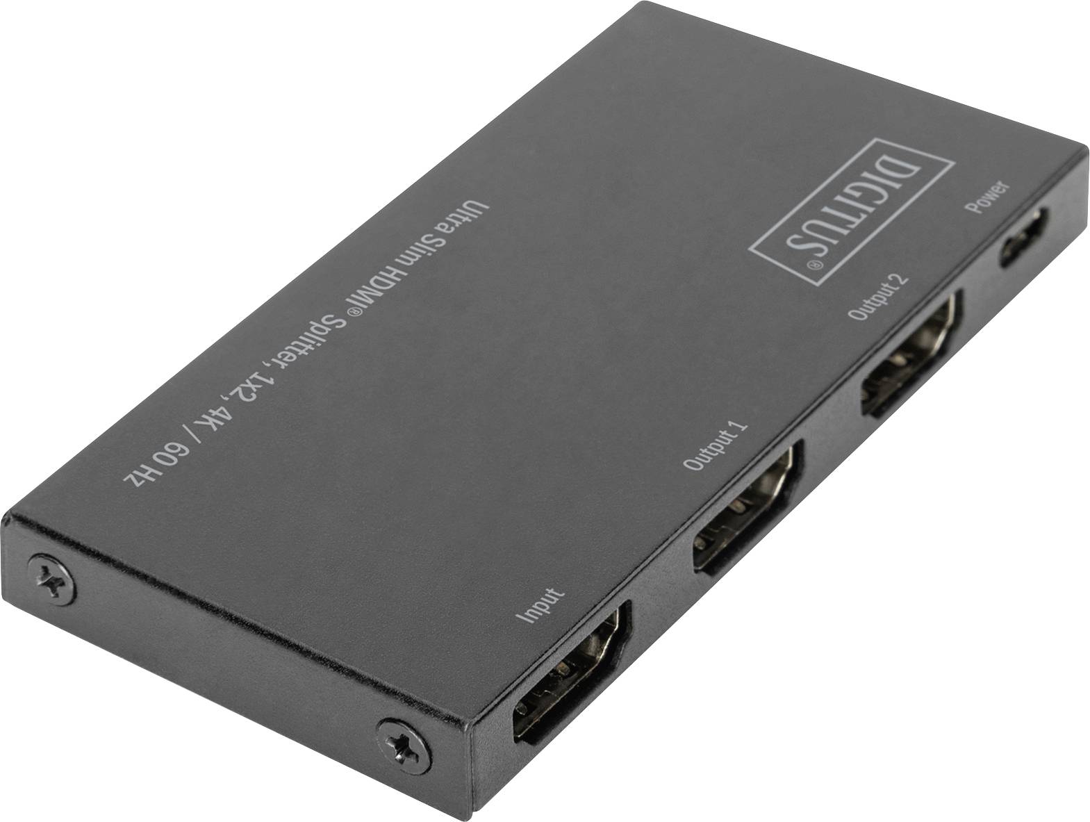 Externí HDMI rozbočovač se třemi HDMI porty: jeden vstupní a dva výstupní, kompaktní a černý, pro distribuci videa.