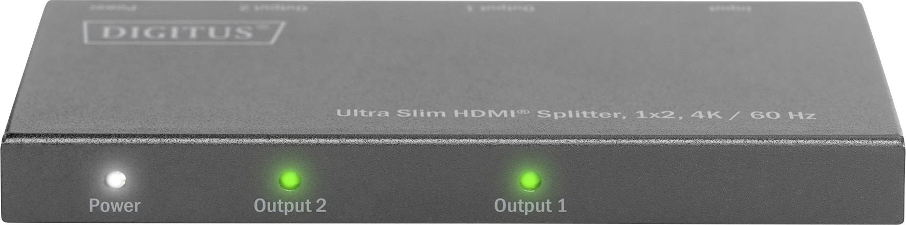 Černý HDMI splitter se třemi svítícími zelenými indikátory: 'Napájení', 'Výstup 1', 'Výstup 2'. Název značky vlevo nahoře.