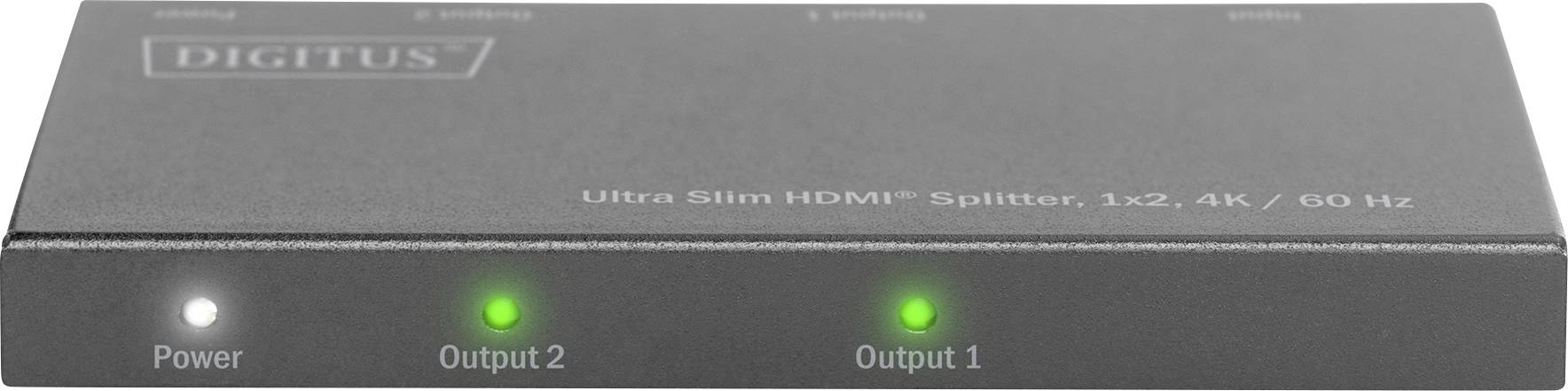 Černý HDMI rozbočovač s nápisem 'Ultra Slim HDMI Splitter 1x2, 4K / 50 Hz'. Tři LED diody: napájení a dva výstupy.