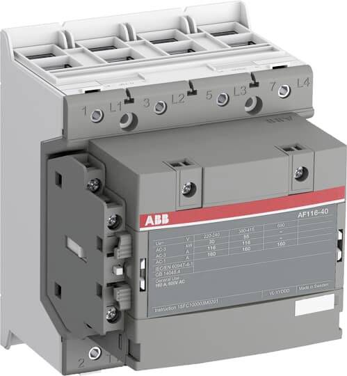 Obrázek šedého stykače ABB AF116-40 s několika elektrickými přípojkami a popisky na přední straně.