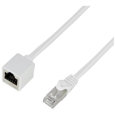 Bílý ethernetový kabel s konektory RJ45 (samec a samice). Používá se pro síťová připojení.