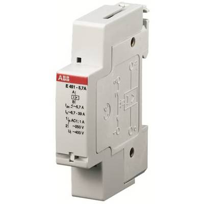 Šedý přepěťový ochranný spínač značky ABB s vytištěnými technickými specifikacemi, vhodný pro elektrické rozváděče.