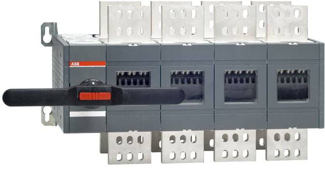 Průmyslový přepínač s rukojetí a několika svorkami, vhodný pro použití v elektrických rozvaděčích pro řízení distribuce elektrického proudu.