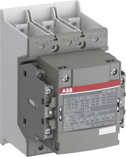Šedý stykač ABB, model AF140-30, vhodný pro elektrické obvody, s technickými specifikacemi na přední straně.