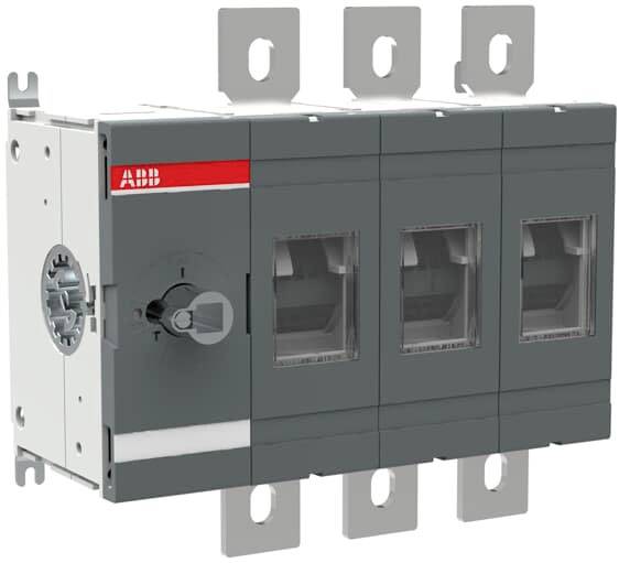 Třípólový elektrický hlavní vypínač s šedým krytem a logem ABB vlevo nahoře. Vhodný pro průmyslové aplikace.