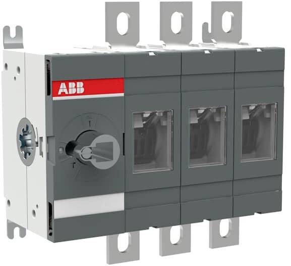 Šedý výkonový jistič ABB s ručním otočným ovladačem. Navržen pro elektrické řízení, s jasným konstrukčním provedením pro panel.