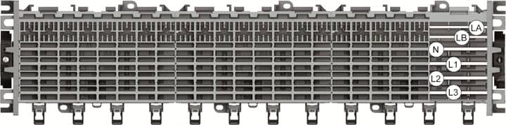 Elektrický připojovací panel s několika řadami svorkovnic, označenými připojovacími body L1, L2, L3, N, LA a LB.