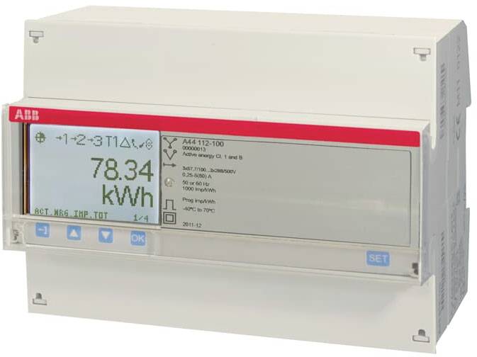 Elektroměř s digitálním displejem. Zobrazuje '78,34 kWh'. Obsahuje navigační a funkční tlačítka.