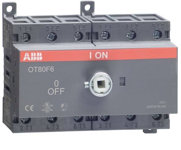 ABB odpínač OT80F6, zobrazuje polohy spínače 'ZAP' a 'VYP', vhodný pro průmyslové aplikace, vyrobeno ve Finsku.