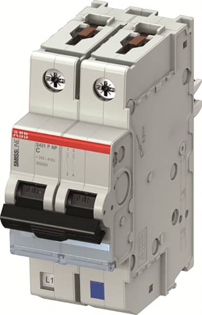 Jistič s červeným štítkem a dvěma černými spínači, montovatelný na elektrickou lištu. Štítek: 'ABB S401 PN'.