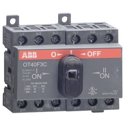 Dvoupólový odpínač značky ABB, model OT40F3C, se středovým otočným ovladačem. Text: "ZAP" a "VYP".