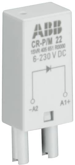 Kompaktní reléový modul ABB, označený štítkem 'CR-P/M 22', '6-230 V DC'. Zobrazuje elektrické schémové značky a svorky A2, A1+.