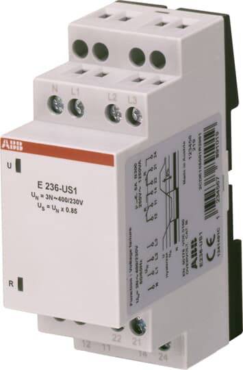 Elektrické relé, model 'E 236-US1', ukazuje připojovací svorky L1, L2, L3 a U, specifikované pro 3N~400/230V.