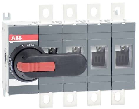 Čtyřpólový mechanický spínač s červenou pákou a označením 'Zapnuto/Vypnuto' pro elektrické řídicí systémy.