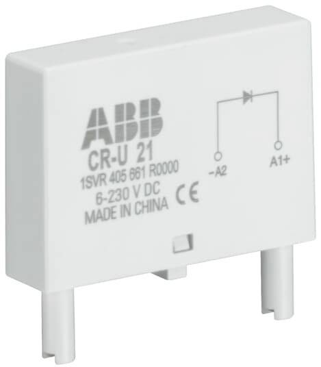 Obdélníkový, bílý elektronický díl s nápisem 'ABB'. Zobrazuje schéma zapojení a technické specifikace, jako je napětí a číslo modelu.