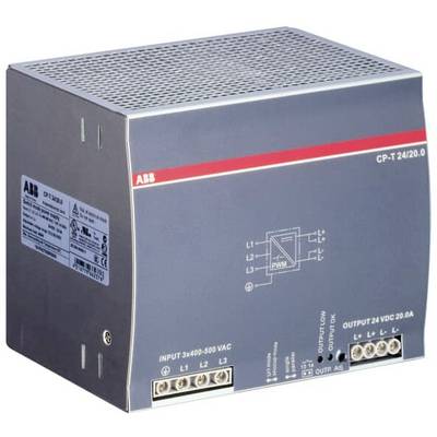 Šedý spínaný napájecí zdroj značky ABB, model CP-T 24/20.0, vstupní napětí 3x400-500 VAC, výstup 24 VDC, 20 A.