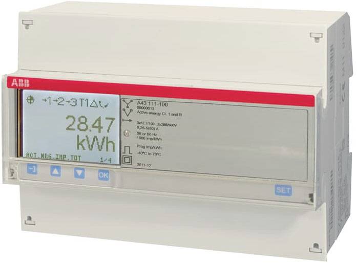 Digitální elektroměr zobrazuje na displeji '28,47 kWh'. Pod displejem se nachází několik ovládacích tlačítek.