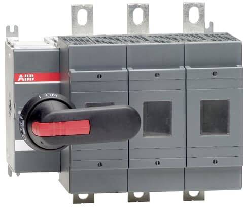Spínací zařízení s červeným ovládacím prvkem v poloze 'OFF'. Označení 'ABB' na přední straně. Vhodné pro elektrické instalace.