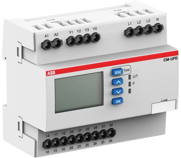 Digitální řídicí monitor značky ABB s obrazovkou, navigačními tlačítky a několika připojovacími svorkami nahoře a dole.