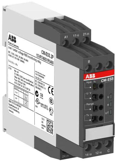 Víceúčelové napěťové monitorovací relé značky ABB, model CM-ESS.2P, s vícerými svorkami a kontrolními indikátory.