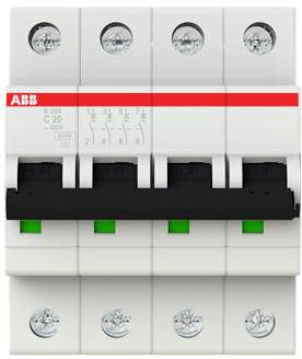 Jistič 'S 204 C20' se čtyřmi spínači, šedé a černé barvy, od společnosti ABB, určený pro ochranu elektrických obvodů v elektroinstalacích.