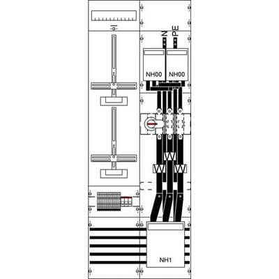 Diagram elektrické rozvodné skříně s pojistkami NH00, hlavním vypínačem a kabelovými spoji. Zobrazuje elektrické komponenty a jejich uspořádání.