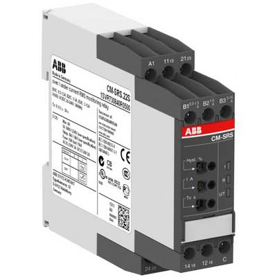 Průmyslové monitorovací relé od ABB s více svorkami a štítky. Primárně používané pro monitoring elektrického proudu.