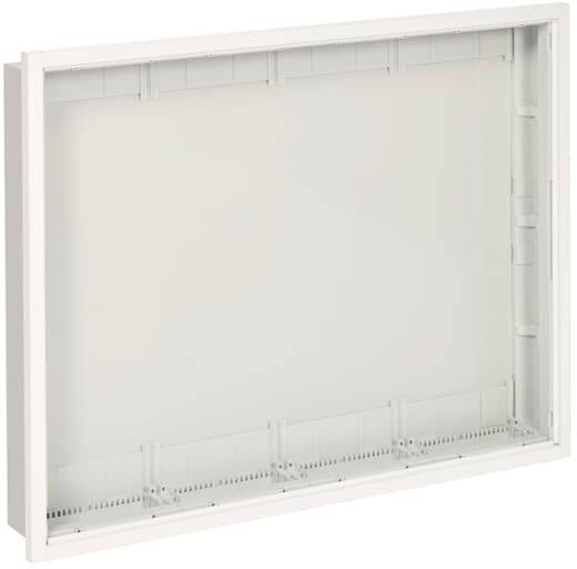 Obdélníkový bílý kovový rám s přihrádkami a upevňovacími body, pravděpodobně určený pro instalaci do zdi.