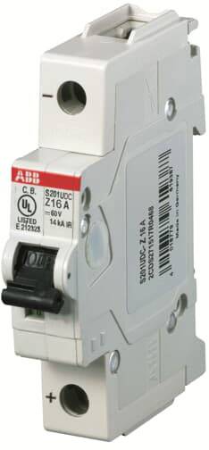 'Jistič, model ABB S201UDC Z16A, 16 ampérů, 60V, 14kA. Chrání elektrické obvody před přetížením a zkratem.'